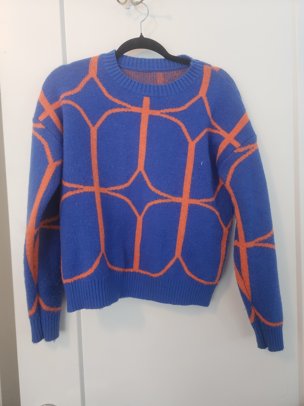 SHEIN Royal Blue Crewneck Sweater with Orange Grid Motif